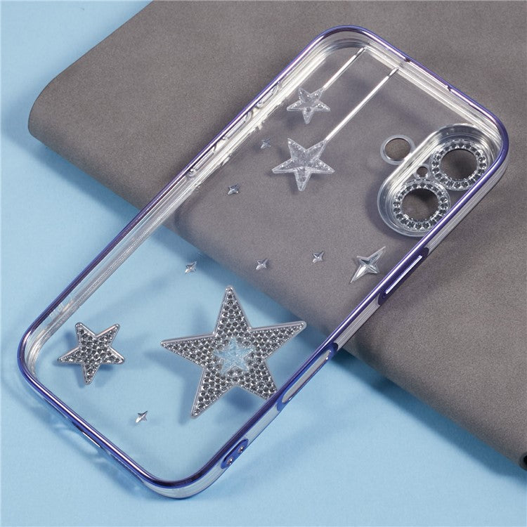 For iPhone 16 Plus Case 3D Bling Stars Electroplating TPU Clear Phone Case - Purple