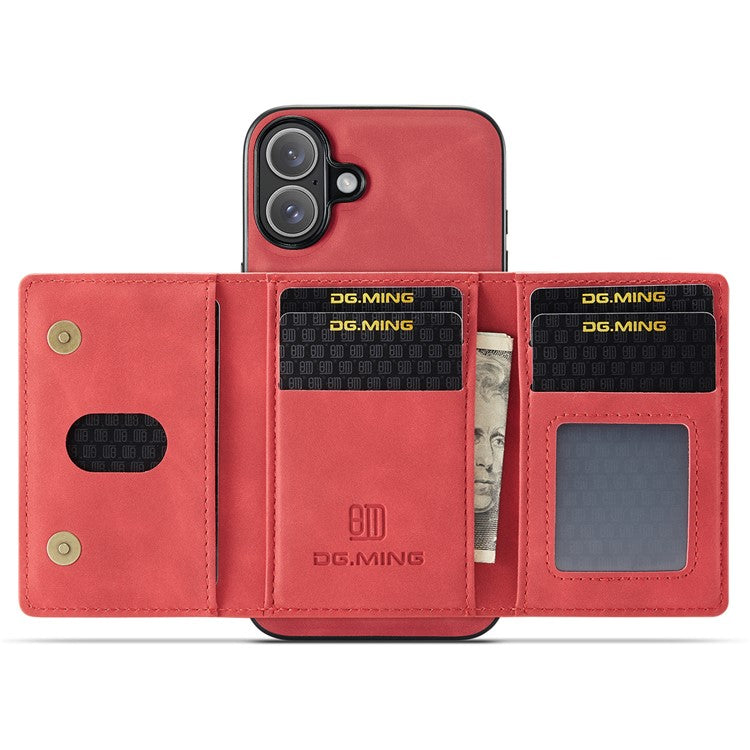 DG.MING M2 Series for iPhone 16 Case PU+PC+TPU Phone Cover Detachable Wallet - Red