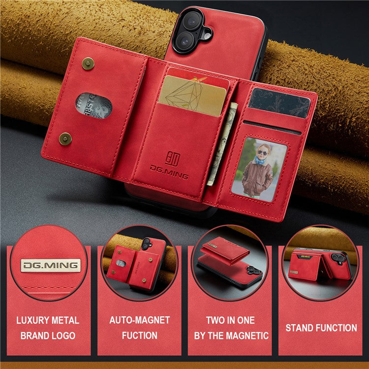 DG.MING M2 Series for iPhone 16 Case PU+PC+TPU Phone Cover Detachable Wallet - Red