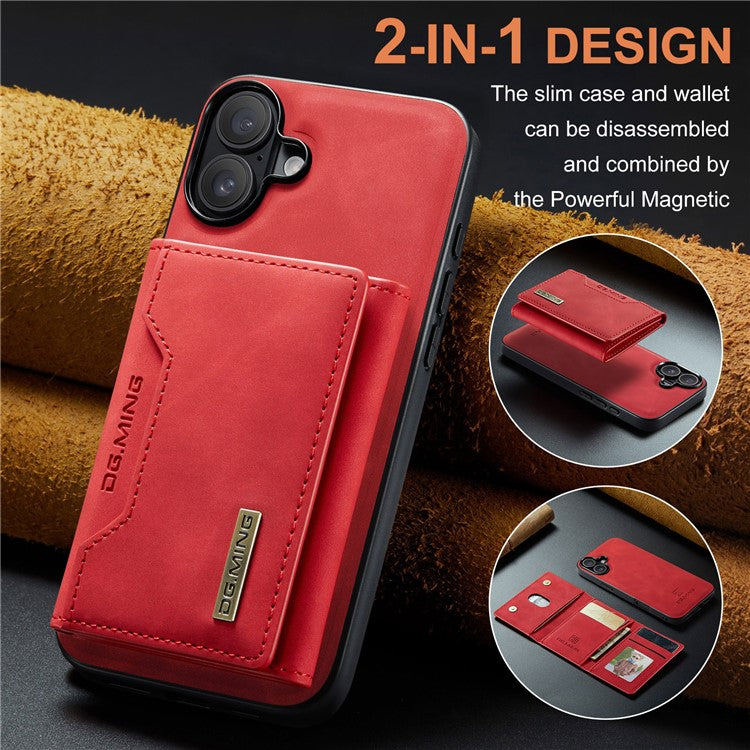 DG.MING M2 Series for iPhone 16 Case PU+PC+TPU Phone Cover Detachable Wallet - Red
