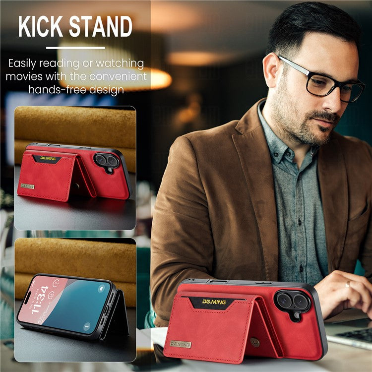 DG.MING M2 Series for iPhone 16 Case PU+PC+TPU Phone Cover Detachable Wallet - Red