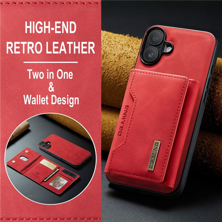 DG.MING M2 Series for iPhone 16 Case PU+PC+TPU Phone Cover Detachable Wallet - Red