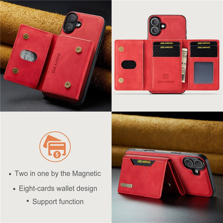 DG.MING M2 Series for iPhone 16 Case PU+PC+TPU Phone Cover Detachable Wallet - Red