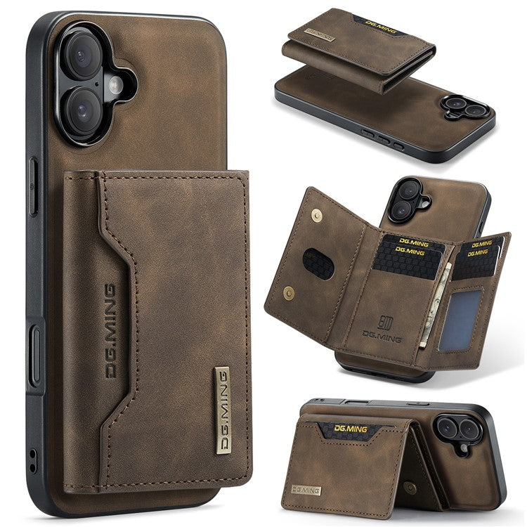 DG.MING M2 Series for iPhone 16 Plus Case PU+PC+TPU Phone Cover Detachable Wallet - Coffee