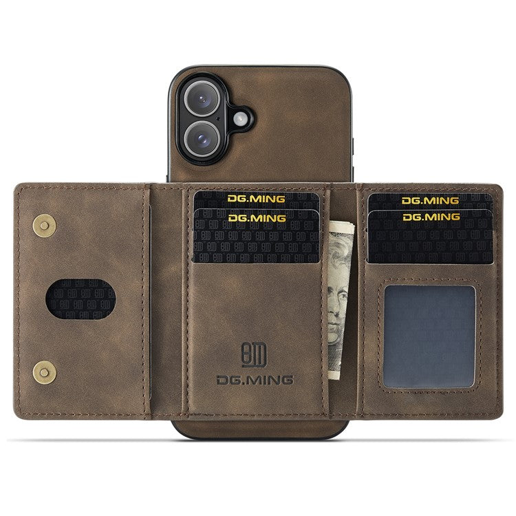 DG.MING M2 Series for iPhone 16 Plus Case PU+PC+TPU Phone Cover Detachable Wallet - Coffee