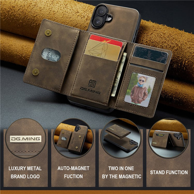 DG.MING M2 Series for iPhone 16 Plus Case PU+PC+TPU Phone Cover Detachable Wallet - Coffee