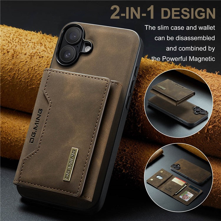 DG.MING M2 Series for iPhone 16 Plus Case PU+PC+TPU Phone Cover Detachable Wallet - Coffee
