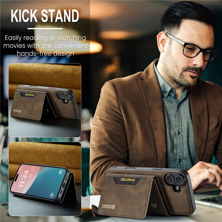 DG.MING M2 Series for iPhone 16 Plus Case PU+PC+TPU Phone Cover Detachable Wallet - Coffee