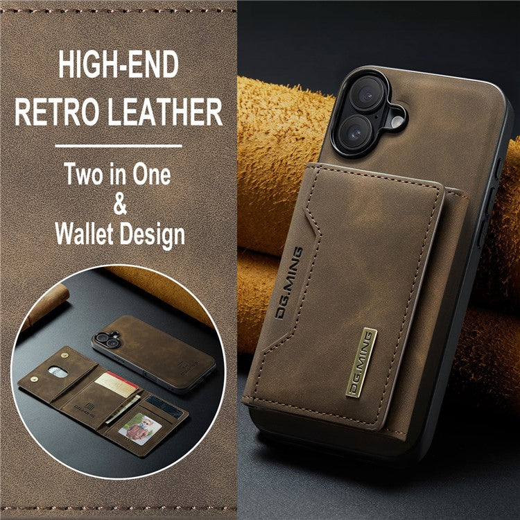 DG.MING M2 Series for iPhone 16 Plus Case PU+PC+TPU Phone Cover Detachable Wallet - Coffee