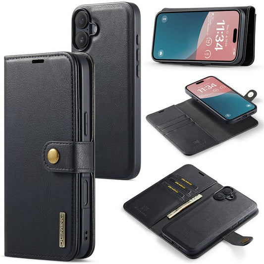 DG.MING for iPhone 16 Plus Case Detachable Split Leather Phone Cover - Black