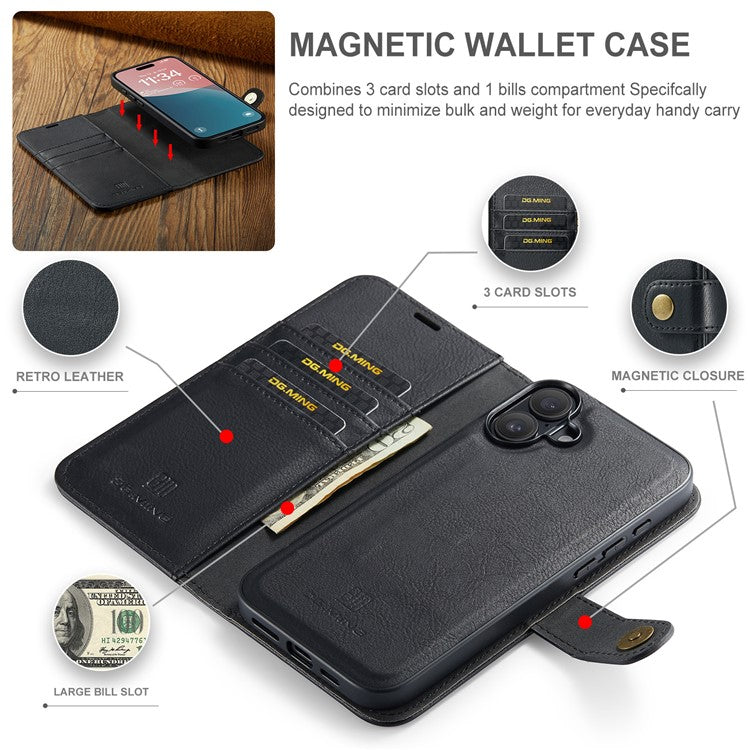 DG.MING for iPhone 16 Plus Case Detachable Split Leather Phone Cover - Black