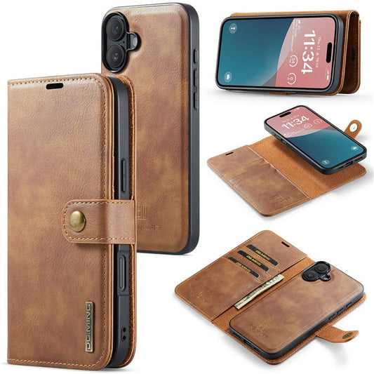 DG.MING for iPhone 16 Plus Case Detachable Split Leather Phone Cover - Brown