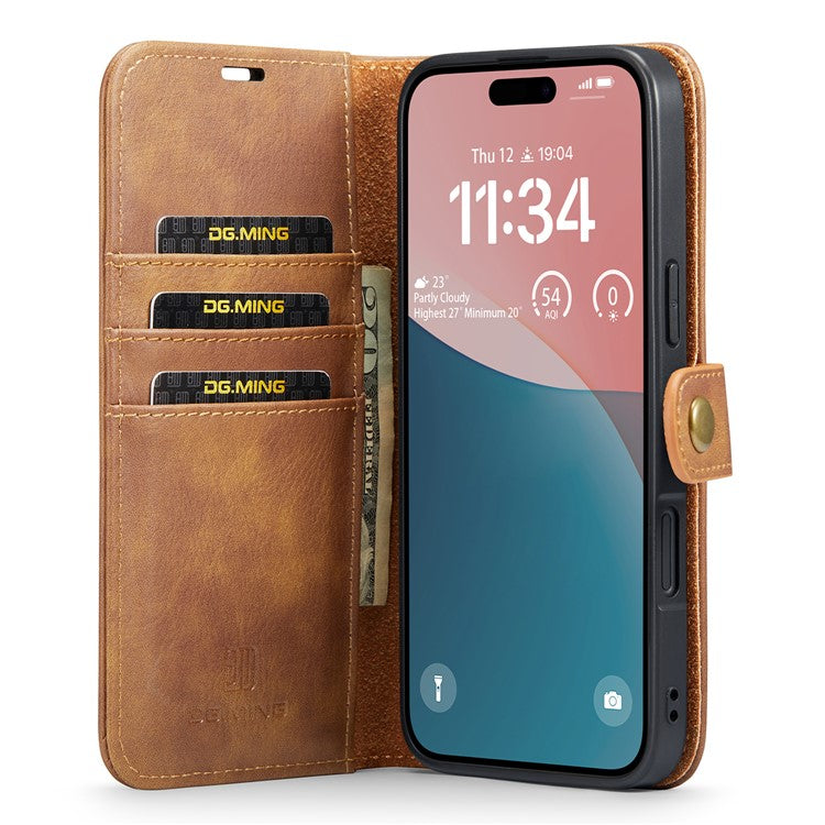 DG.MING for iPhone 16 Plus Case Detachable Split Leather Phone Cover - Brown
