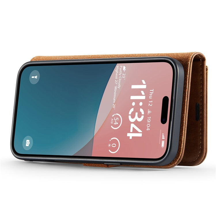 DG.MING for iPhone 16 Plus Case Detachable Split Leather Phone Cover - Brown