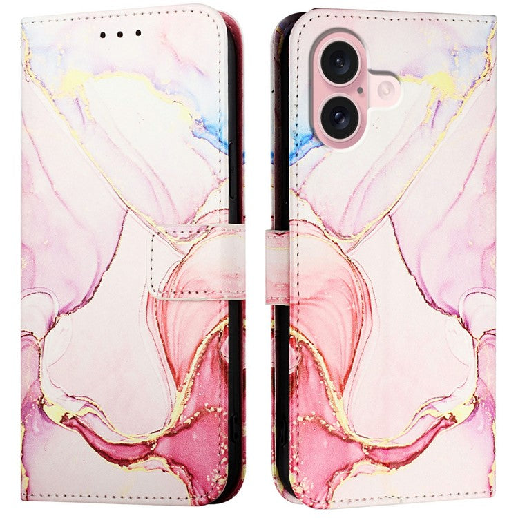 YB Pattern Printing Leather Series-6 For iPhone 16 Plus Case Marble Wallet Crossbody Phone Cover - Rose Gold LS005