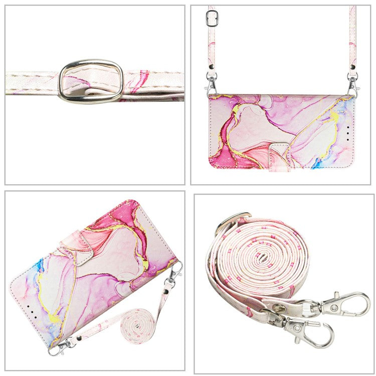 YB Pattern Printing Leather Series-6 For iPhone 16 Plus Case Marble Wallet Crossbody Phone Cover - Rose Gold LS005