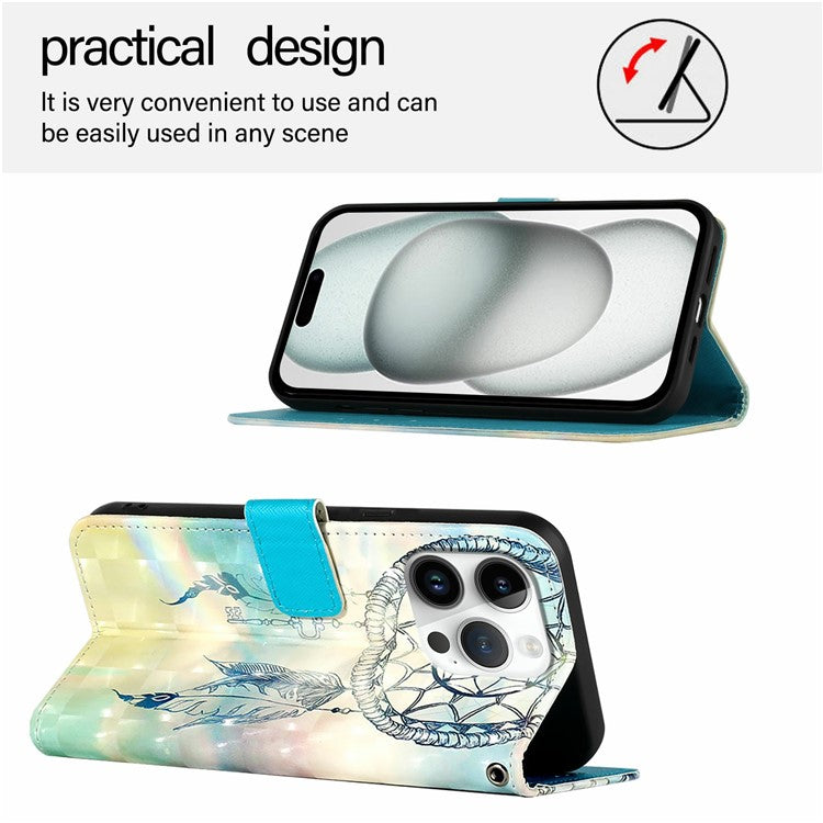 YB Pattern Printing Leather Series-2 For iPhone 16 Pro Case Stand View Wallet Phone Cover - Dream Wind Chime