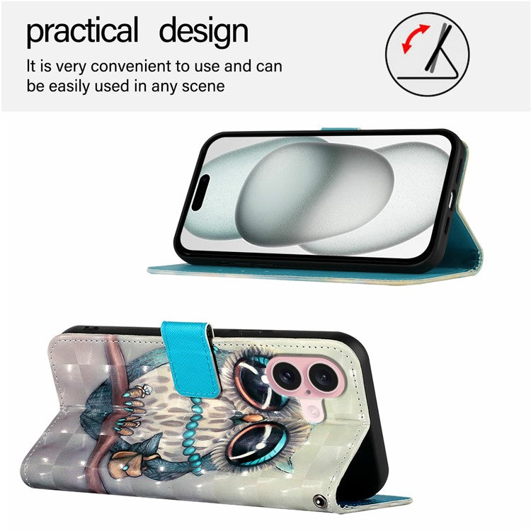 YB Pattern Printing Leather Series-2 For iPhone 16 Case Stand View Wallet Phone Cover - Grey Owl