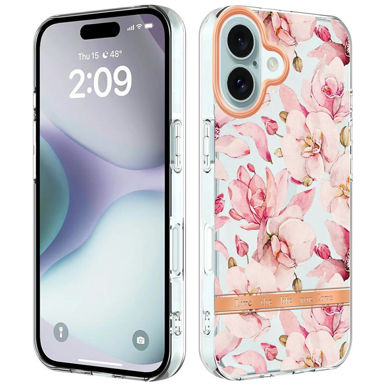 YB IMD-8 Series for iPhone 16 Plus TPU Case Flower Pattern IMD IML Phone Cover - HC005 Pink Gardenia