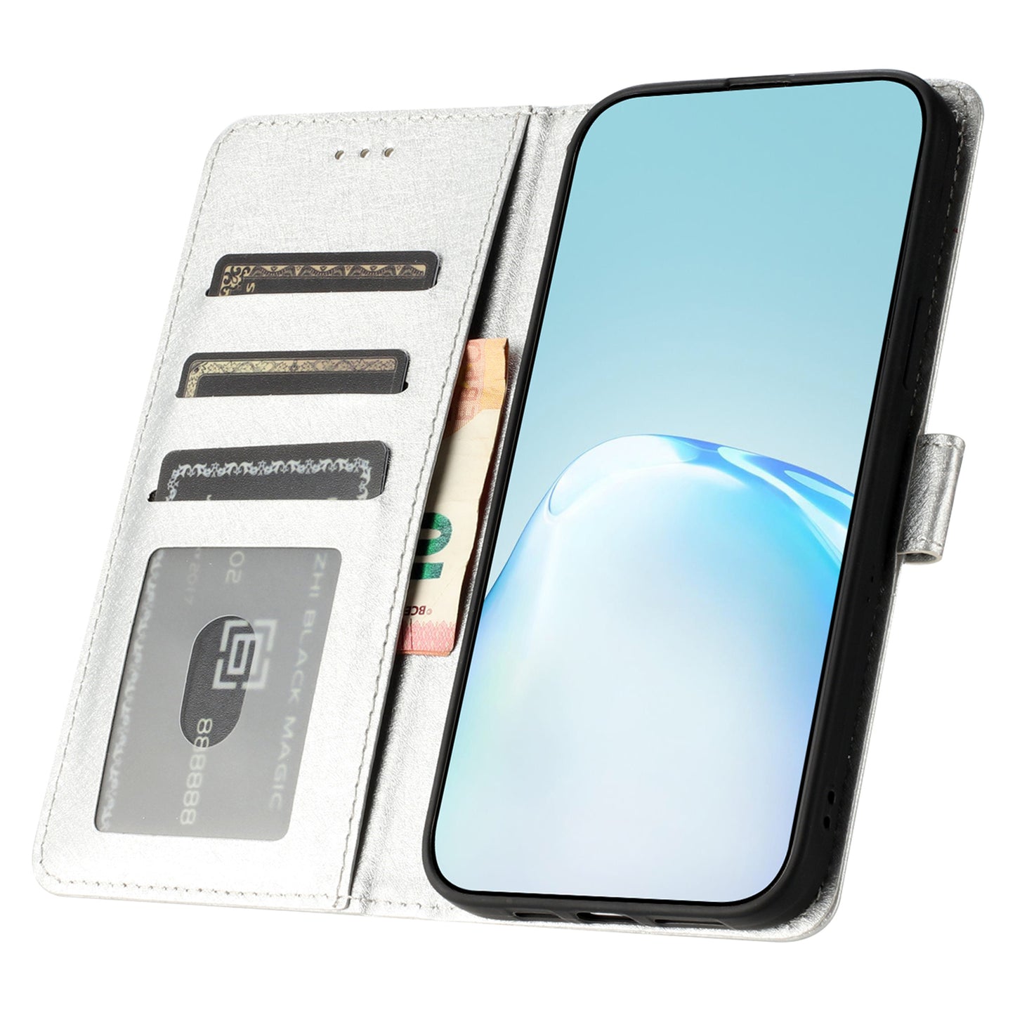 For Samsung Galaxy A06 Wallet Case Leather Folio Phone Cover Magnetic Clasp - Silver