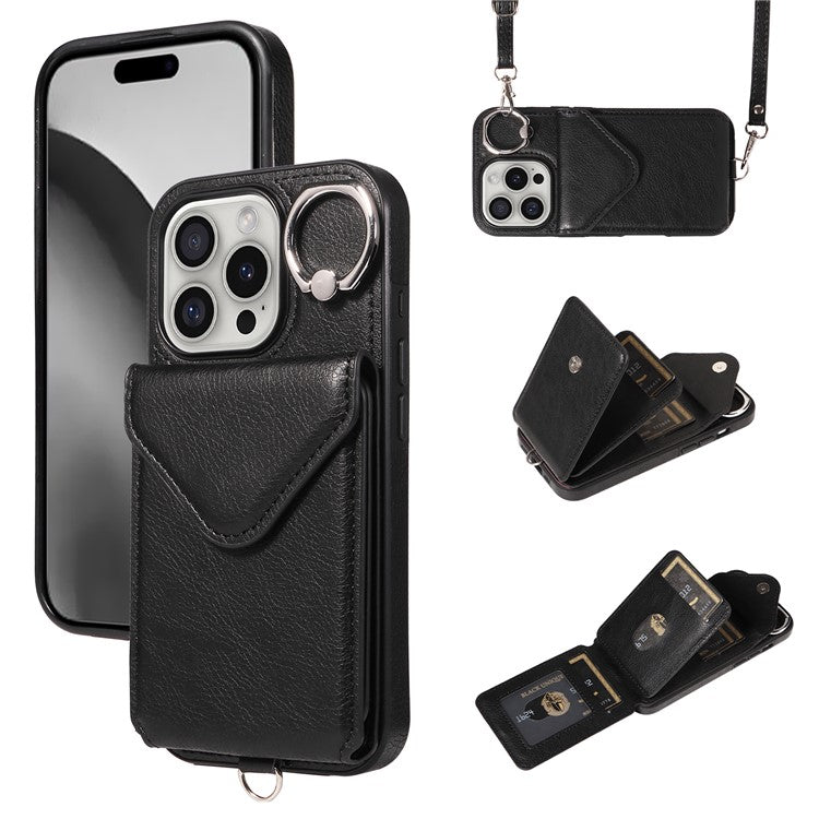 005 For iPhone 16 Pro Case PU Leather Back Cover Card Holder Ring Kickstand - Black