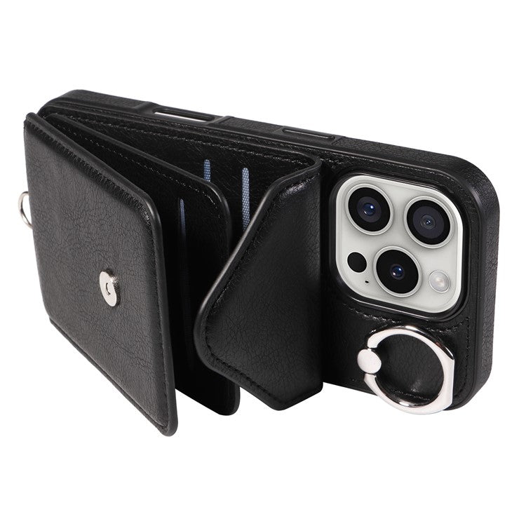 005 For iPhone 16 Pro Case PU Leather Back Cover Card Holder Ring Kickstand - Black