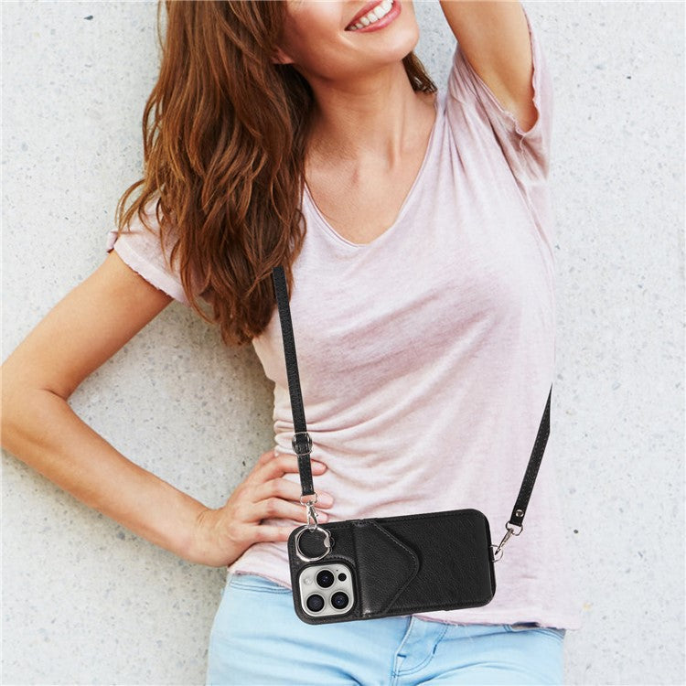 005 For iPhone 16 Pro Case PU Leather Back Cover Card Holder Ring Kickstand - Black