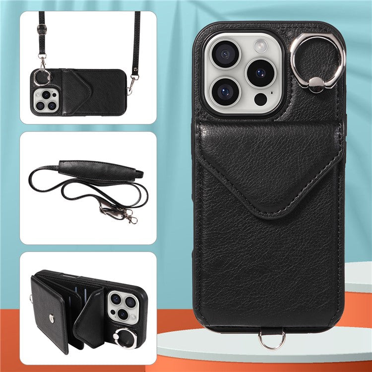 005 For iPhone 16 Pro Case PU Leather Back Cover Card Holder Ring Kickstand - Black