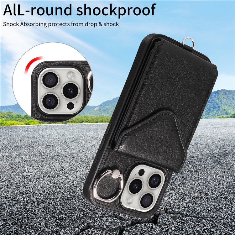 005 For iPhone 16 Pro Case PU Leather Back Cover Card Holder Ring Kickstand - Black