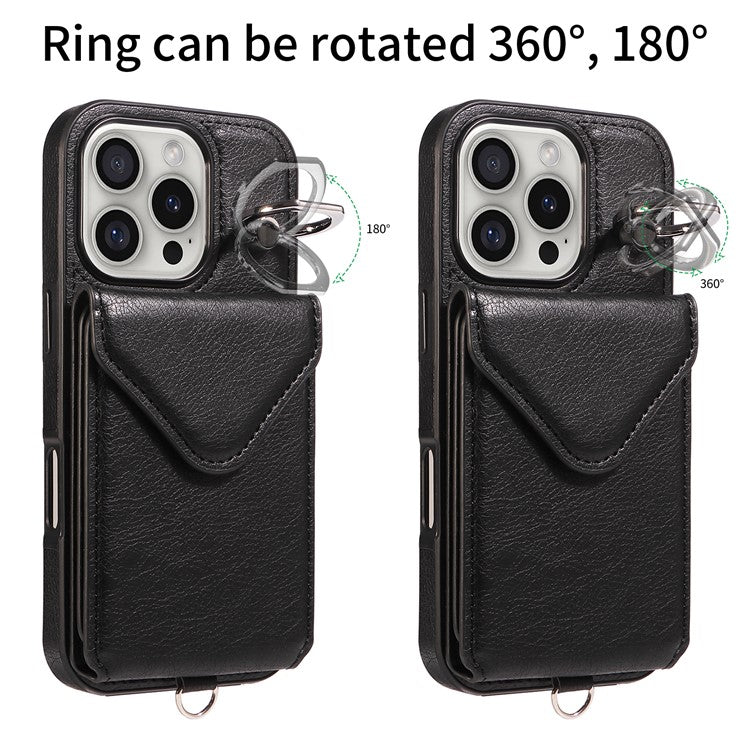 005 For iPhone 16 Pro Case PU Leather Back Cover Card Holder Ring Kickstand - Black