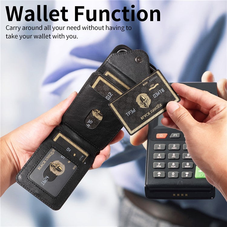 005 For iPhone 16 Pro Case PU Leather Back Cover Card Holder Ring Kickstand - Black