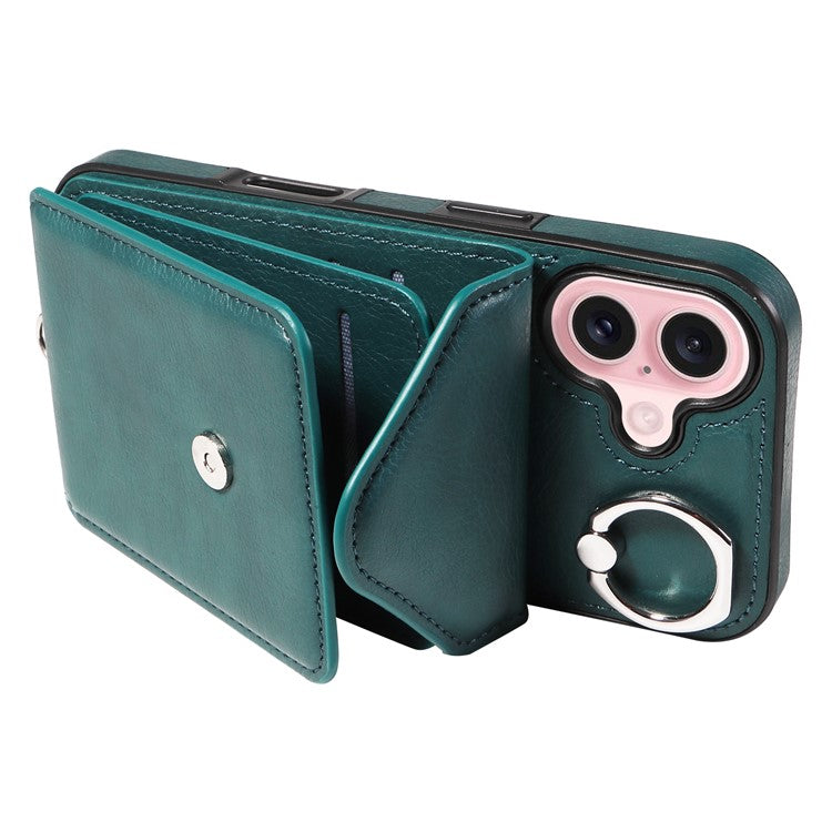 005 For iPhone 16 Case PU Leather Back Cover Card Holder Ring Kickstand - Green