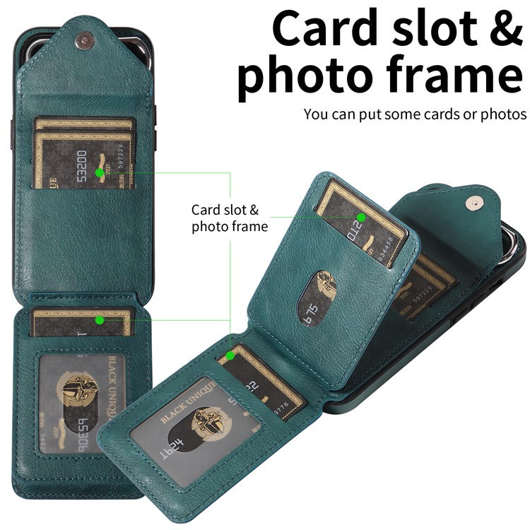 005 For iPhone 16 Case PU Leather Back Cover Card Holder Ring Kickstand - Green