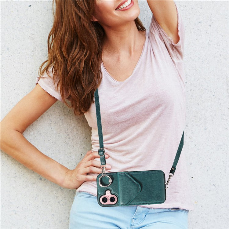 005 For iPhone 16 Case PU Leather Back Cover Card Holder Ring Kickstand - Green