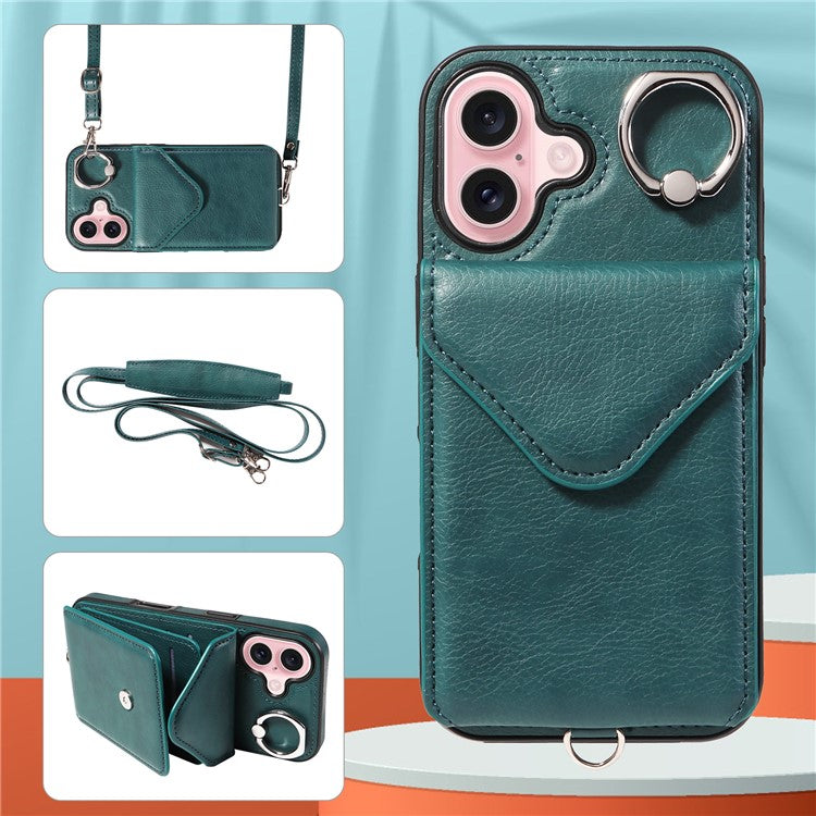 005 For iPhone 16 Case PU Leather Back Cover Card Holder Ring Kickstand - Green