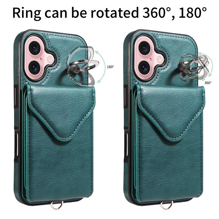 005 For iPhone 16 Case PU Leather Back Cover Card Holder Ring Kickstand - Green