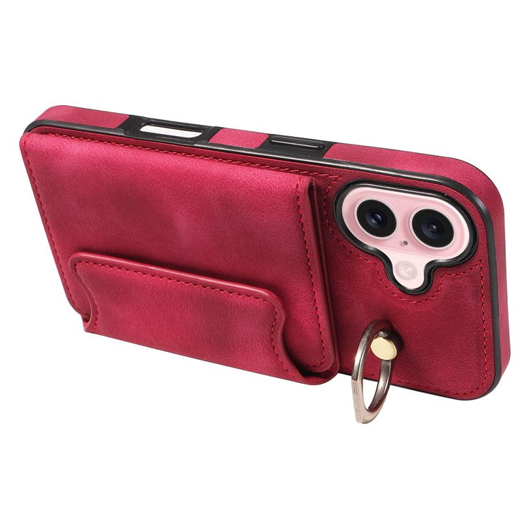 001 For iPhone 16 Case Secure-Grip Kickstand Leather + TPU Phone Cover - Red
