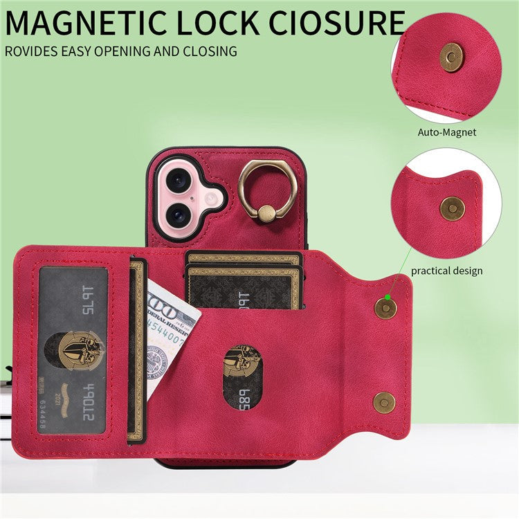 001 For iPhone 16 Case Secure-Grip Kickstand Leather + TPU Phone Cover - Red