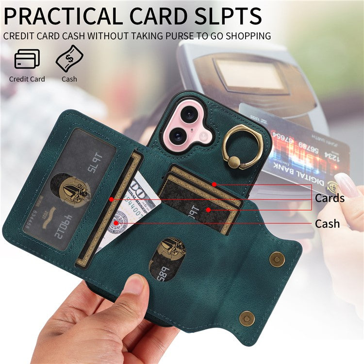 001 For iPhone 16 Case Secure-Grip Kickstand Leather + TPU Phone Cover - Green