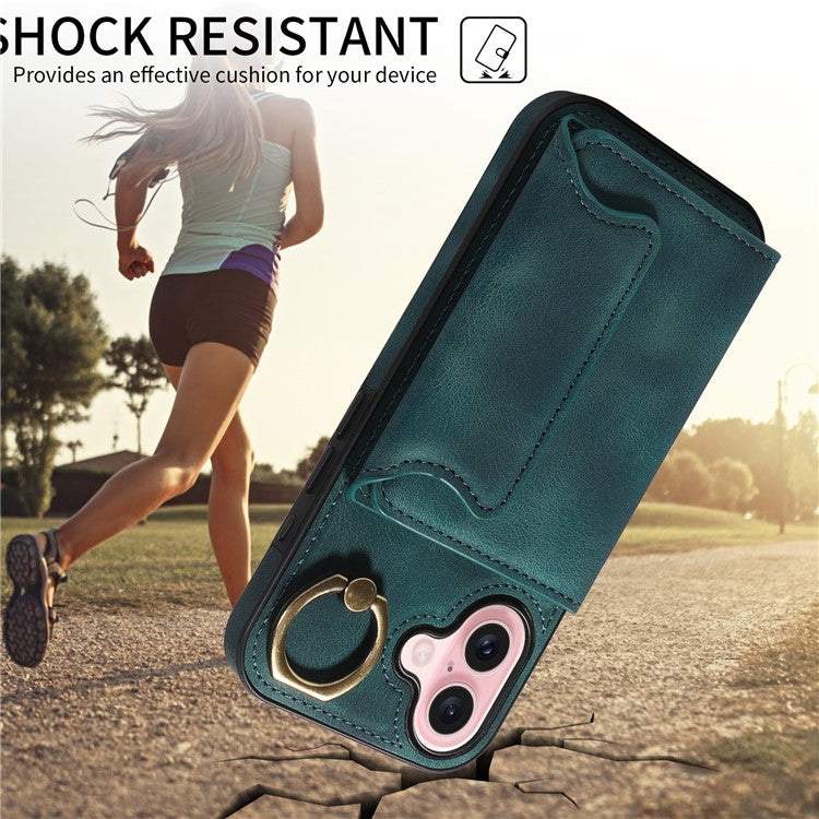 001 For iPhone 16 Case Secure-Grip Kickstand Leather + TPU Phone Cover - Green