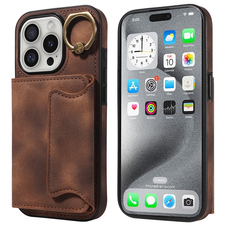 001 For iPhone 16 Pro Case Secure-Grip Kickstand Leather + TPU Phone Cover - Brown