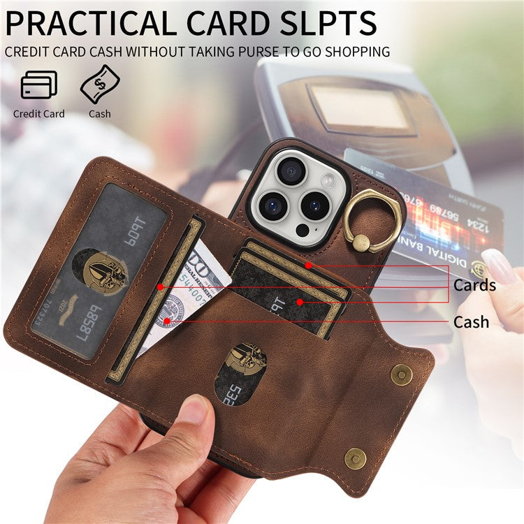 001 For iPhone 16 Pro Case Secure-Grip Kickstand Leather + TPU Phone Cover - Brown