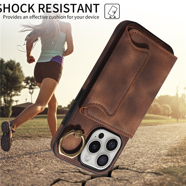 001 For iPhone 16 Pro Case Secure-Grip Kickstand Leather + TPU Phone Cover - Brown