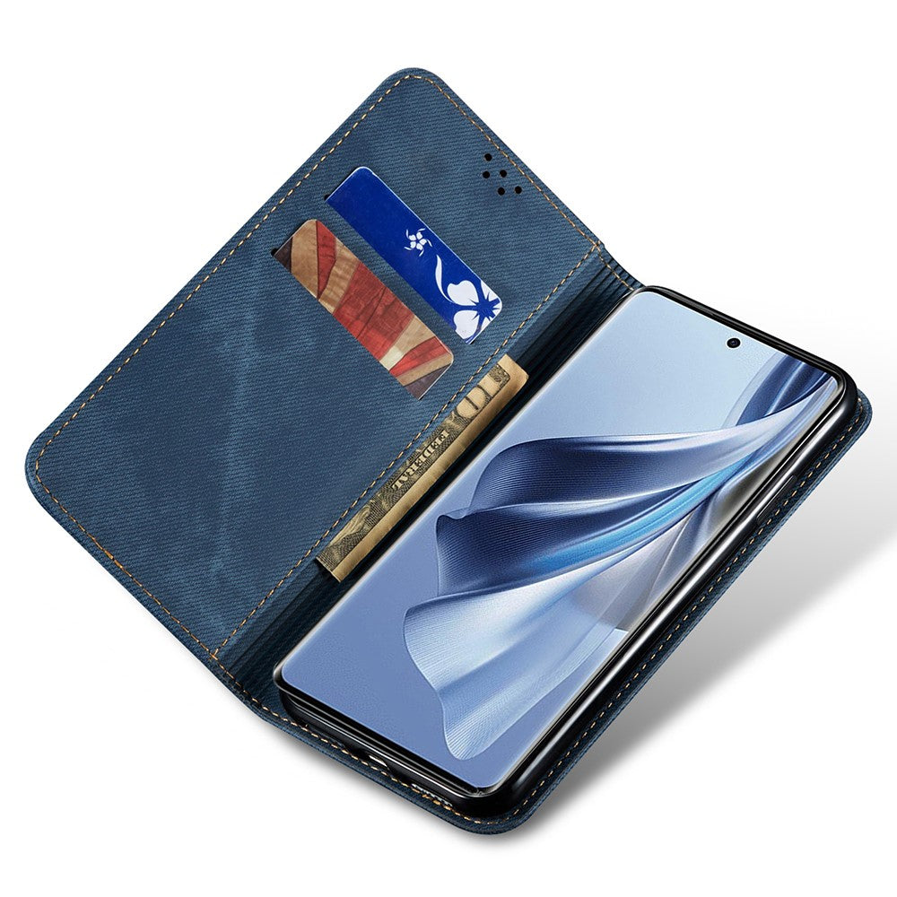For Oppo K12x 5G (India) Case Jeans Cloth Texture Anti-Scratch Leather Stand Phone Cover - Blue