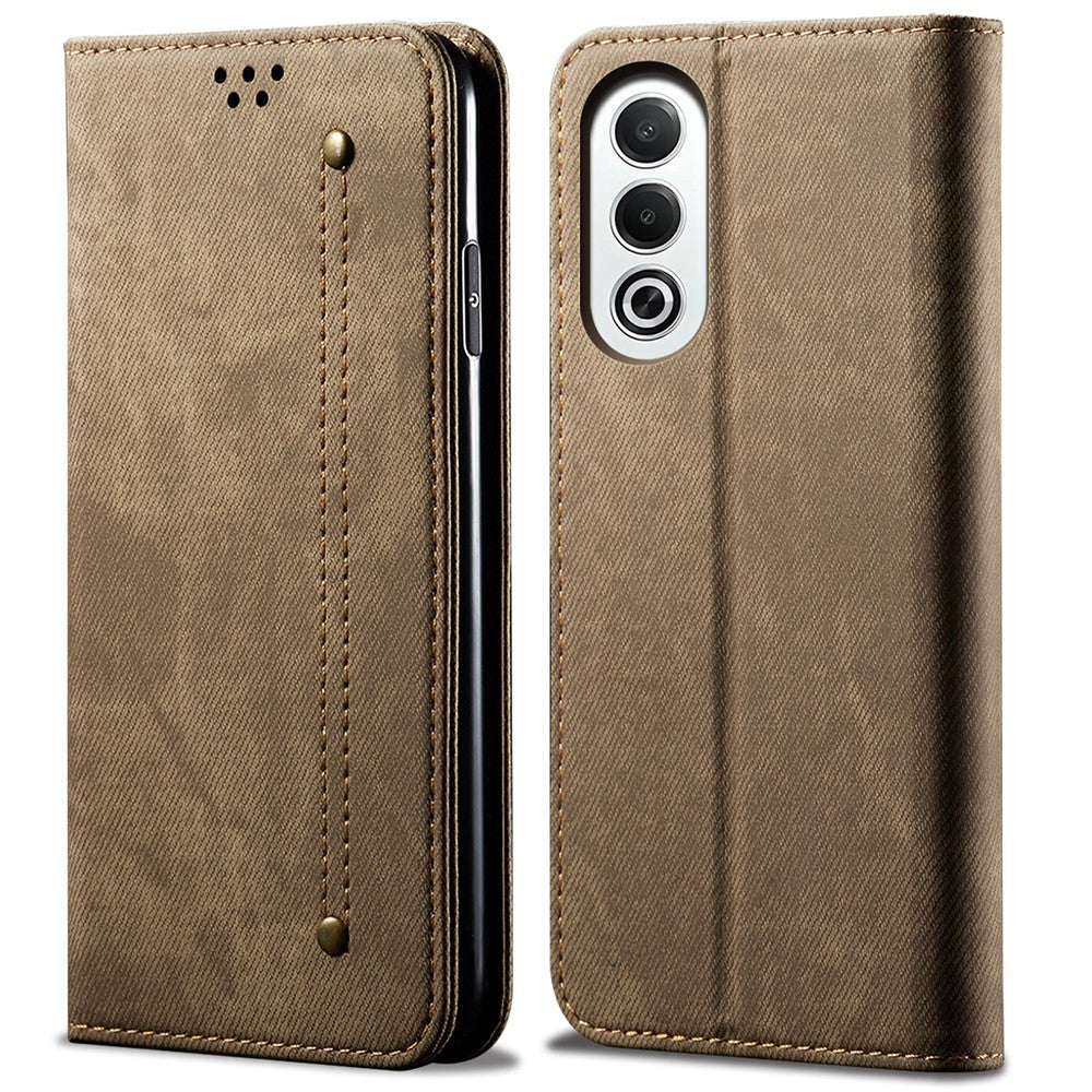 For Oppo K12x 5G (India) Case Jeans Cloth Texture Anti-Scratch Leather Stand Phone Cover - Khaki