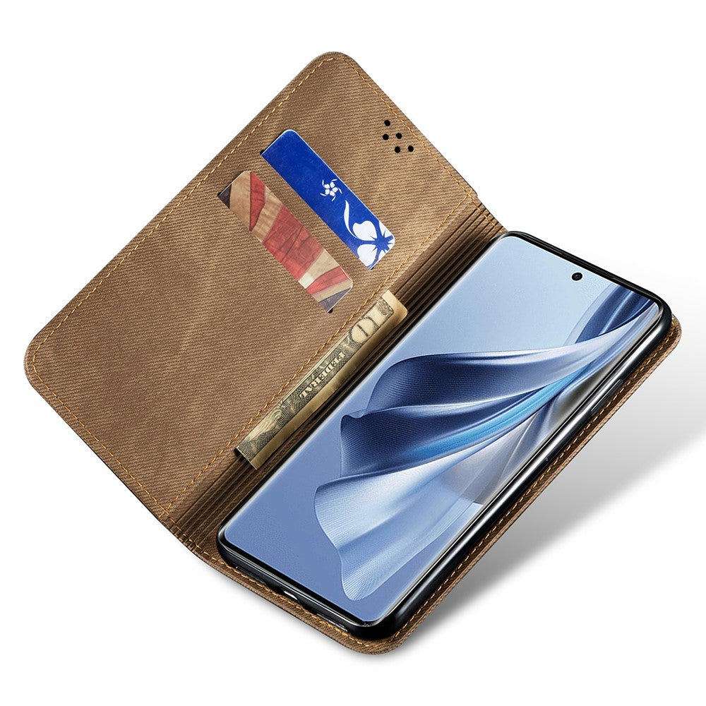 For Oppo K12x 5G (India) Case Jeans Cloth Texture Anti-Scratch Leather Stand Phone Cover - Khaki