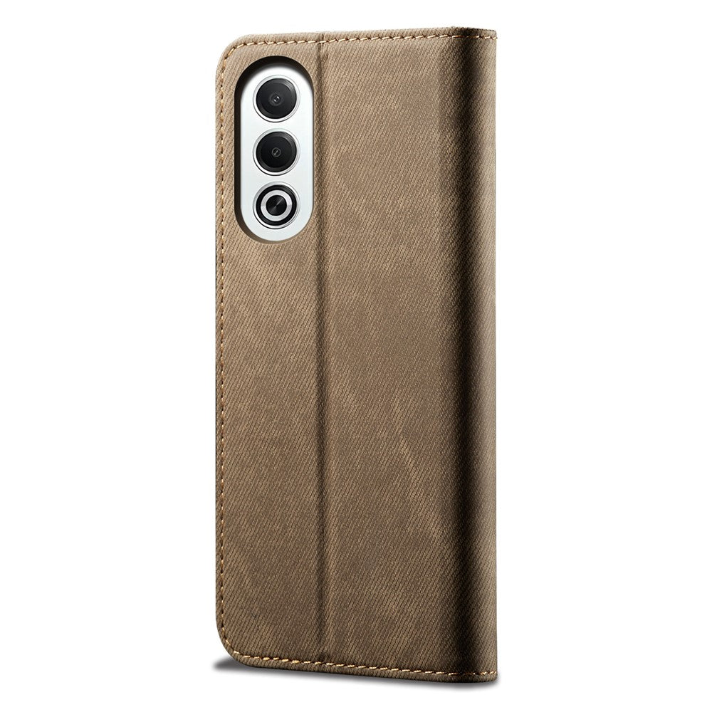 For Oppo K12x 5G (India) Case Jeans Cloth Texture Anti-Scratch Leather Stand Phone Cover - Khaki