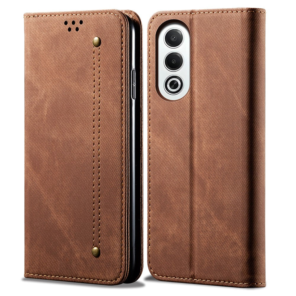 For Oppo K12x 5G (India) Case Jeans Cloth Texture Anti-Scratch Leather Stand Phone Cover - Coffee