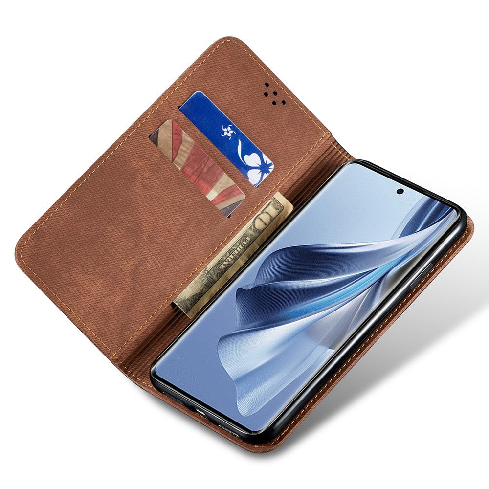 For Oppo K12x 5G (India) Case Jeans Cloth Texture Anti-Scratch Leather Stand Phone Cover - Coffee