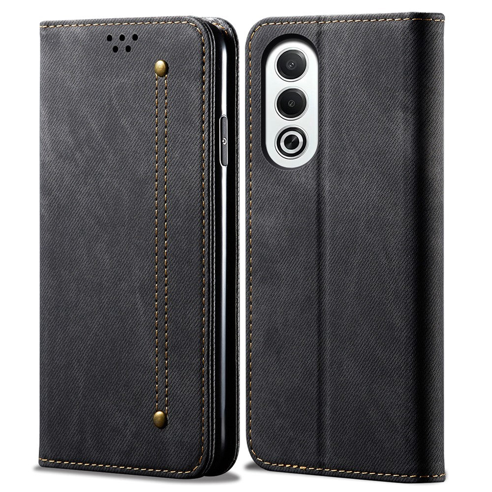 For Oppo K12x 5G (India) Case Jeans Cloth Texture Anti-Scratch Leather Stand Phone Cover - Black